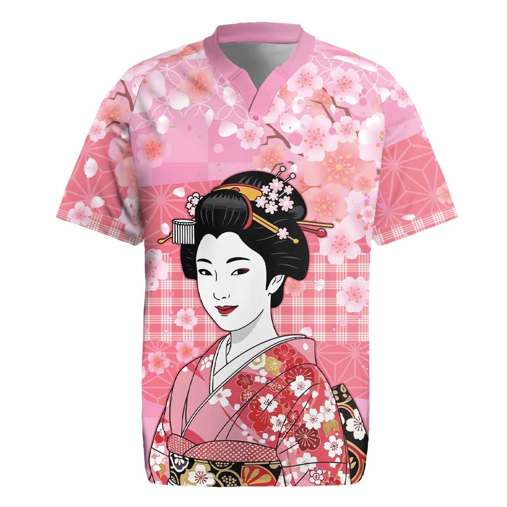 Japanese Geisha Cherry Blossom Rugby Jersey Pink Palaka Hawaii Pattern Fusion Design LT19 Pink - Polynesian Pride