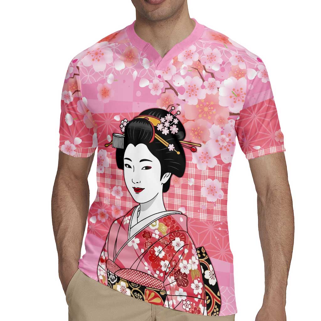 Japanese Geisha Cherry Blossom Rugby Jersey Pink Palaka Hawaii Pattern Fusion Design LT19 - Polynesian Pride