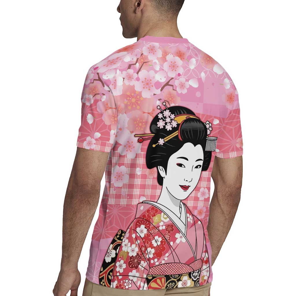 Japanese Geisha Cherry Blossom Rugby Jersey Pink Palaka Hawaii Pattern Fusion Design LT19 - Polynesian Pride