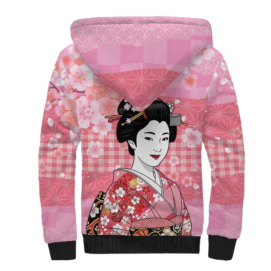 Japanese Geisha Cherry Blossom Sherpa Hoodie Pink Palaka Hawaii Pattern Fusion Design