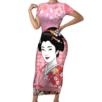 Japanese Geisha Cherry Blossom Short Sleeve Bodycon Dress Pink Palaka Hawaii Pattern Fusion Design LT19 Long Dress Pink - Polynesian Pride