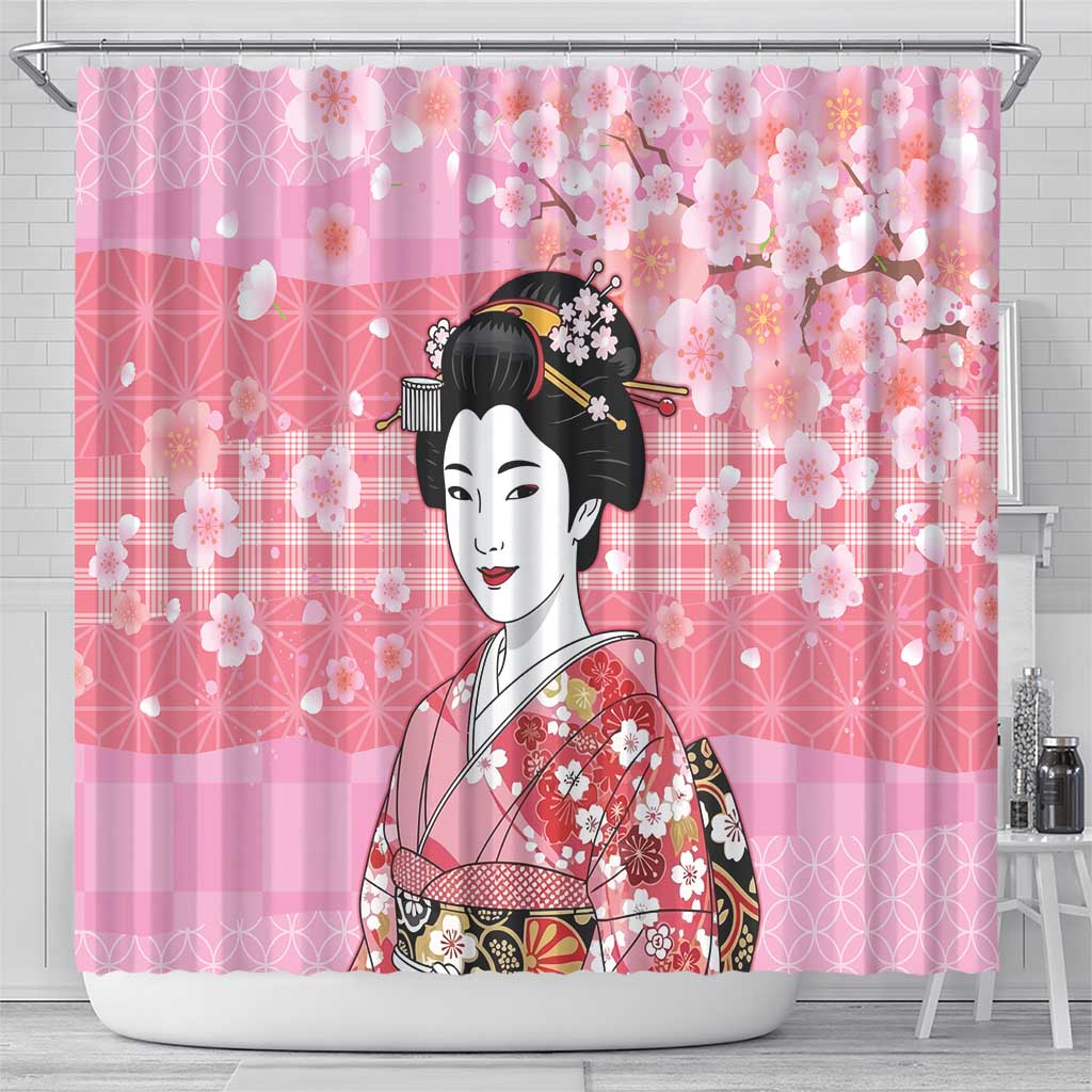 Japanese Geisha Cherry Blossom Shower Curtain Pink Palaka Hawaii Pattern Fusion Design LT19 - Polynesian Pride