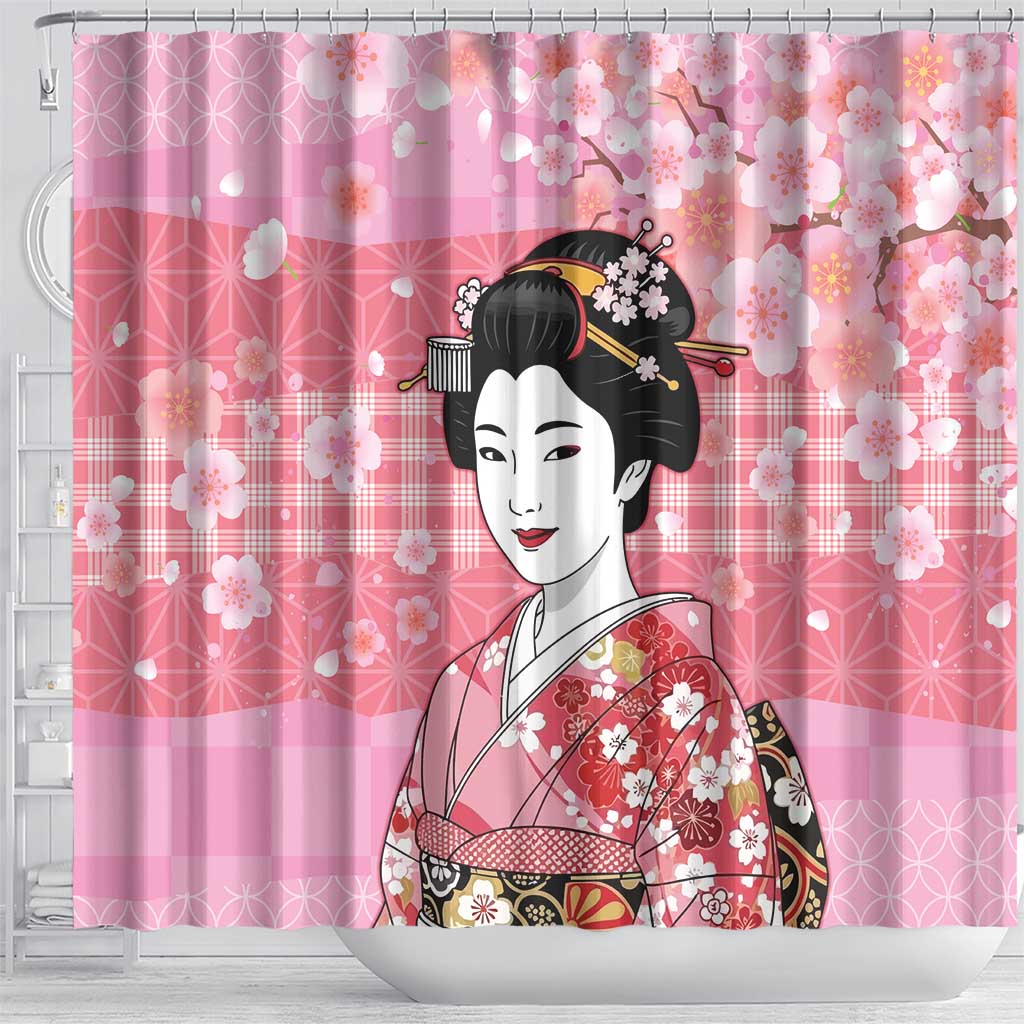 Japanese Geisha Cherry Blossom Shower Curtain Pink Palaka Hawaii Pattern Fusion Design LT19 - Polynesian Pride