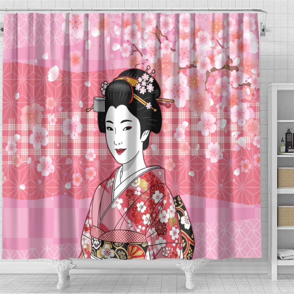 Japanese Geisha Cherry Blossom Shower Curtain Pink Palaka Hawaii Pattern Fusion Design LT19 - Polynesian Pride
