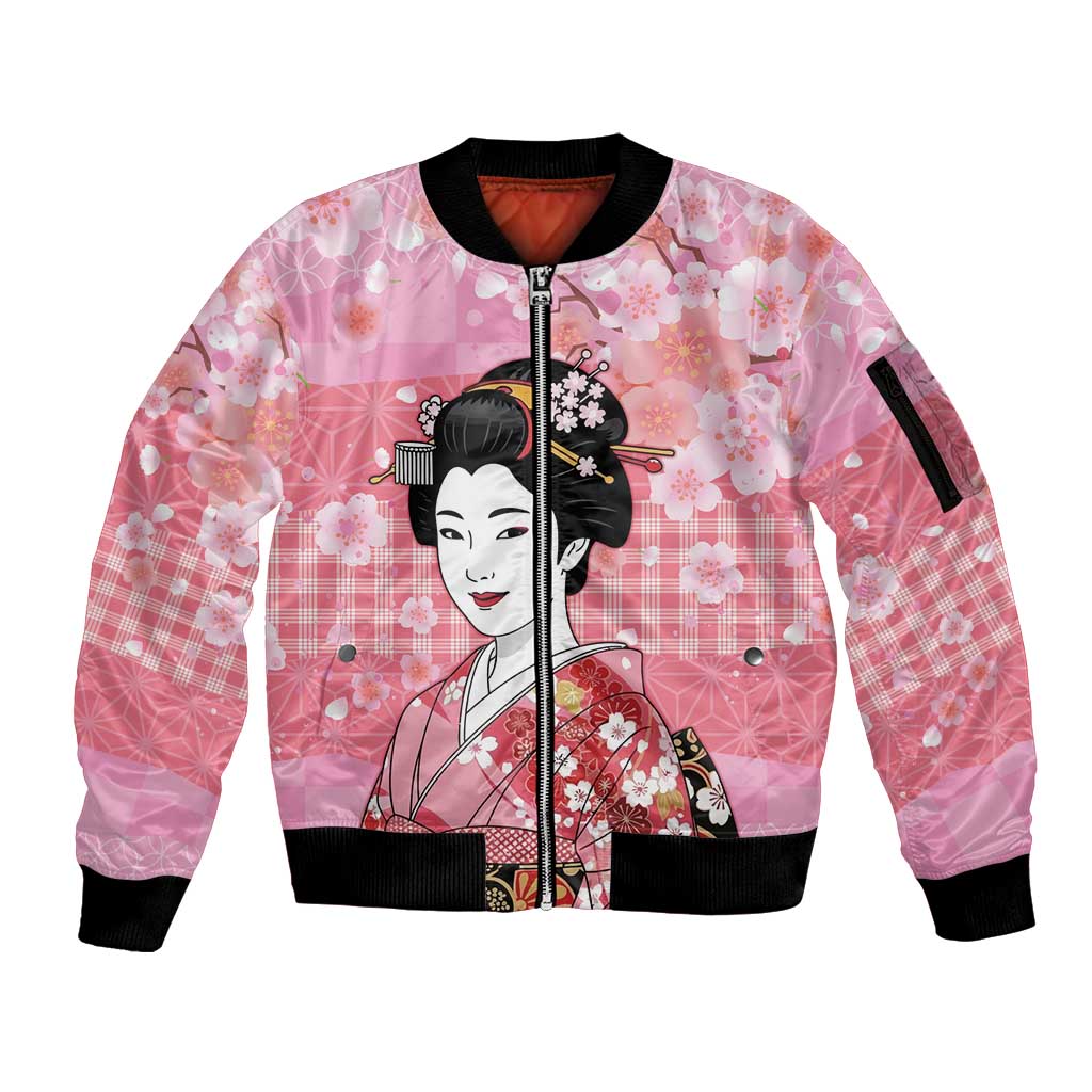 Japanese Geisha Cherry Blossom Sleeve Zip Bomber Jacket Pink Palaka Hawaii Pattern Fusion Design LT19 Unisex Pink - Polynesian Pride