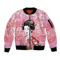 Japanese Geisha Cherry Blossom Sleeve Zip Bomber Jacket Pink Palaka Hawaii Pattern Fusion Design LT19 Unisex Pink - Polynesian Pride