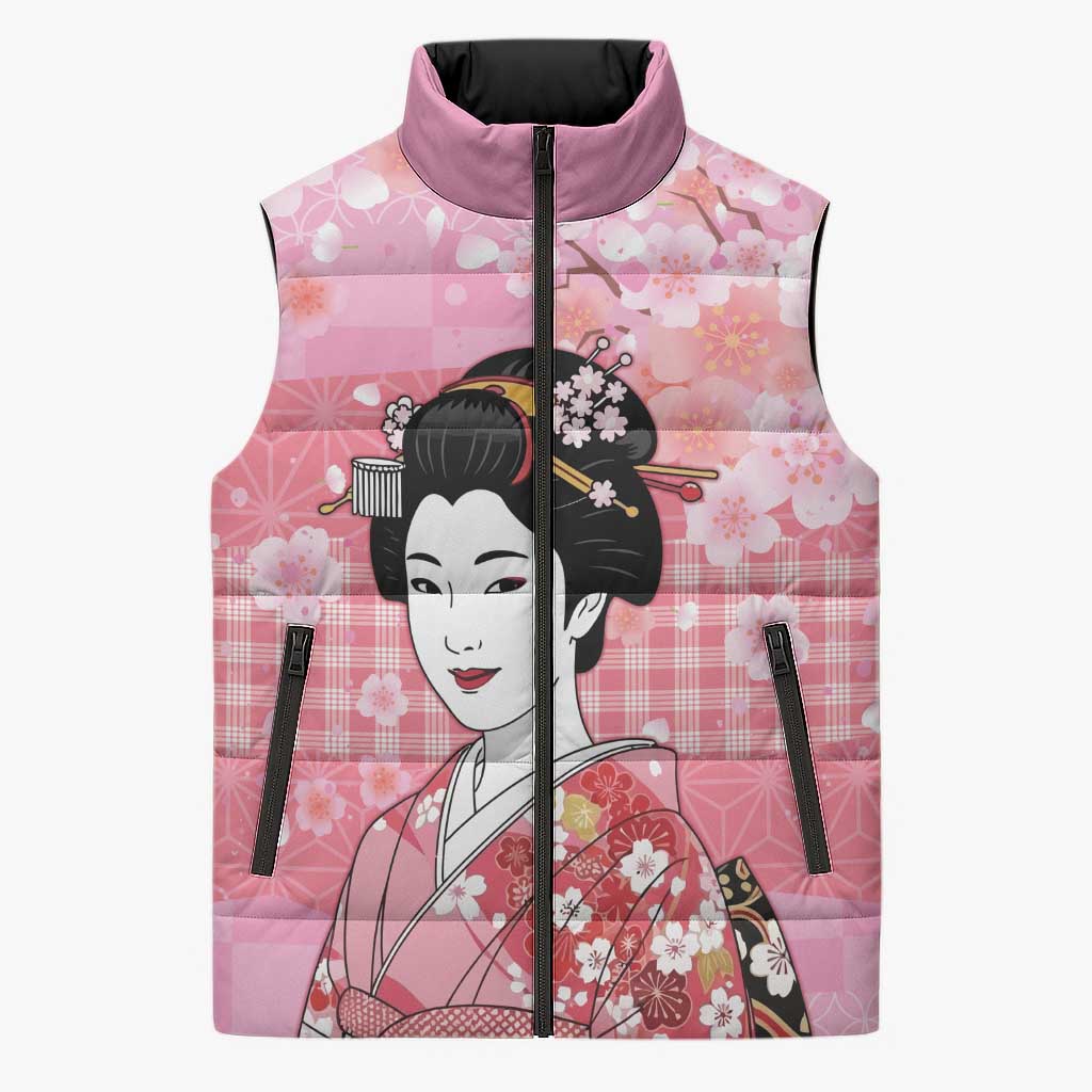 Japanese Geisha Cherry Blossom Sleeveless Puffer Jacket Pink Palaka Hawaii Pattern Fusion Design LT19 Unisex Pink - Polynesian Pride