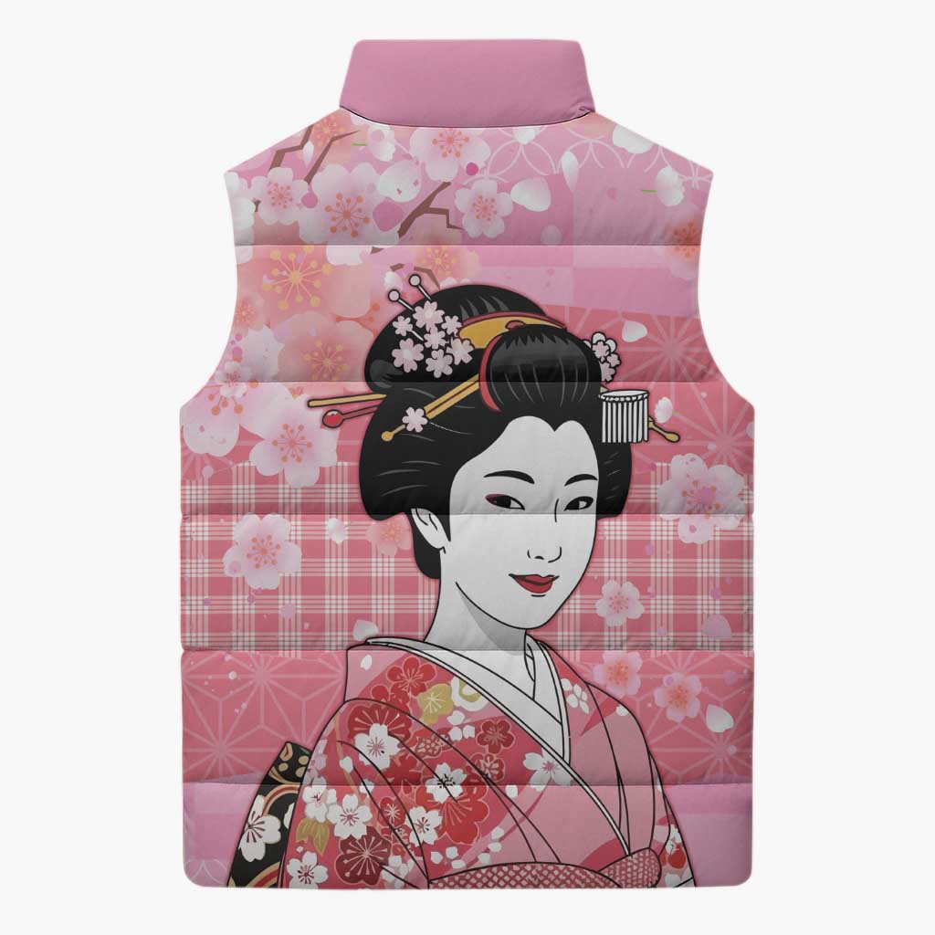 Japanese Geisha Cherry Blossom Sleeveless Puffer Jacket Pink Palaka Hawaii Pattern Fusion Design LT19 - Polynesian Pride