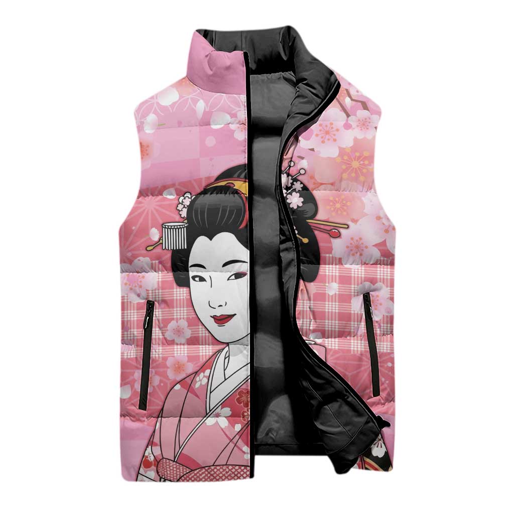Japanese Geisha Cherry Blossom Sleeveless Puffer Jacket Pink Palaka Hawaii Pattern Fusion Design LT19 - Polynesian Pride