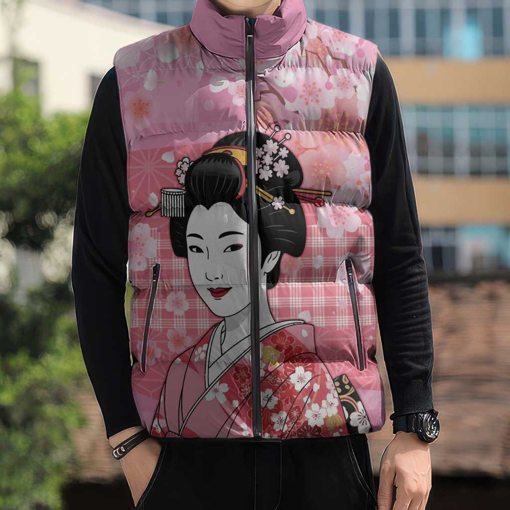 Japanese Geisha Cherry Blossom Sleeveless Puffer Jacket Pink Palaka Hawaii Pattern Fusion Design LT19 - Polynesian Pride