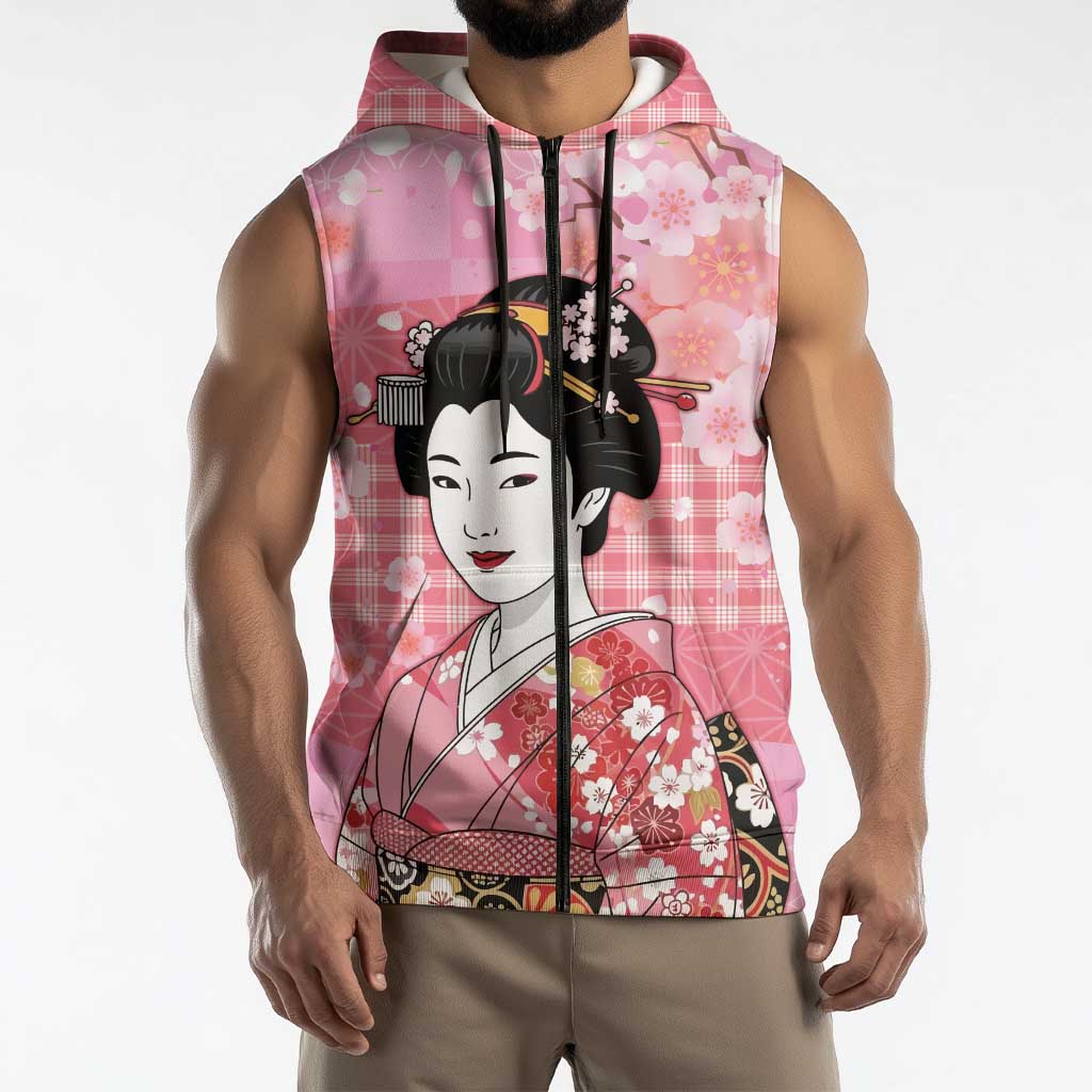 Japanese Geisha Cherry Blossom Sleeveless Zip Hoodie Pink Palaka Hawaii Pattern Fusion Design LT19 - Polynesian Pride