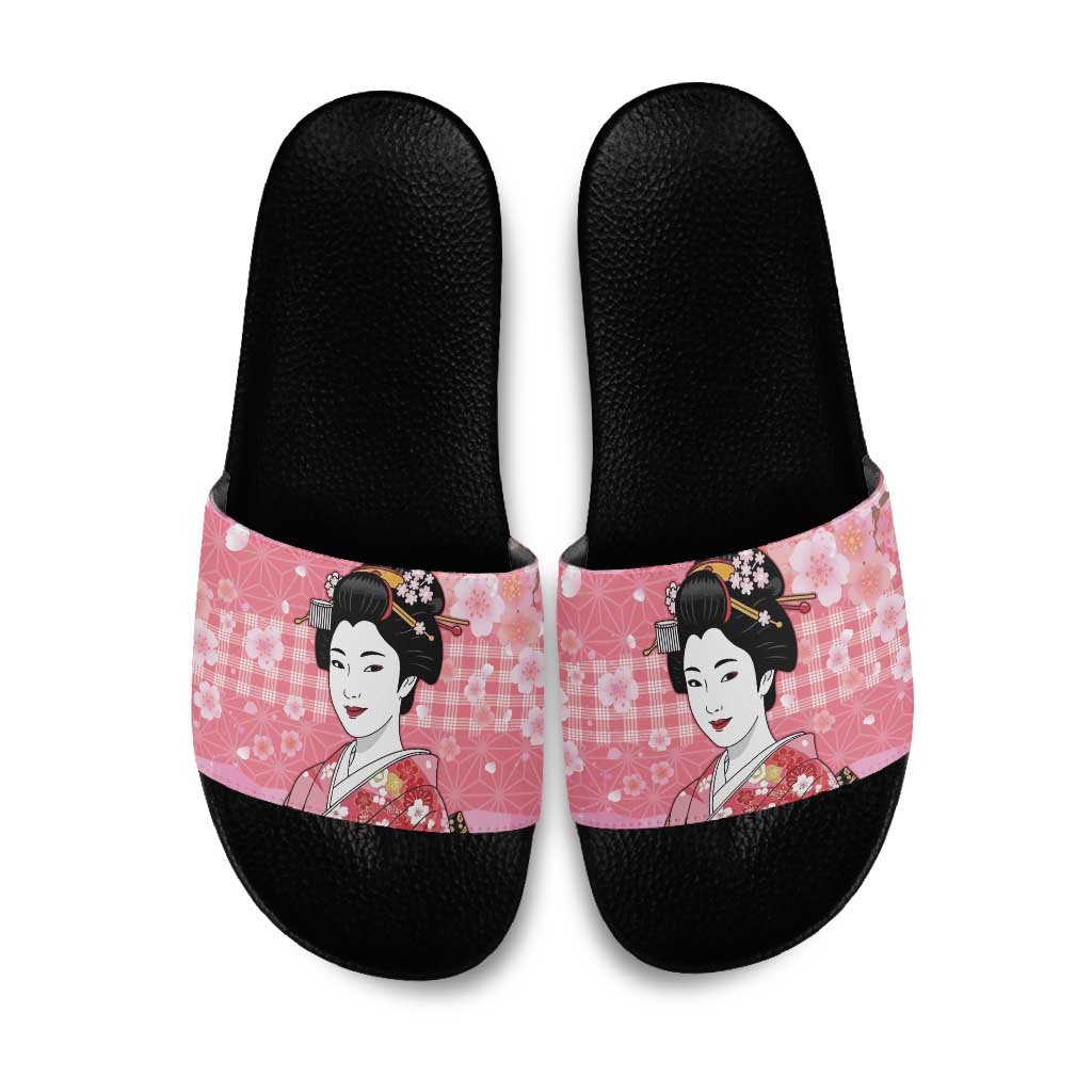 Japanese Geisha Cherry Blossom Slide Sandals Pink Palaka Hawaii Pattern Fusion Design LT19 Pink - Polynesian Pride