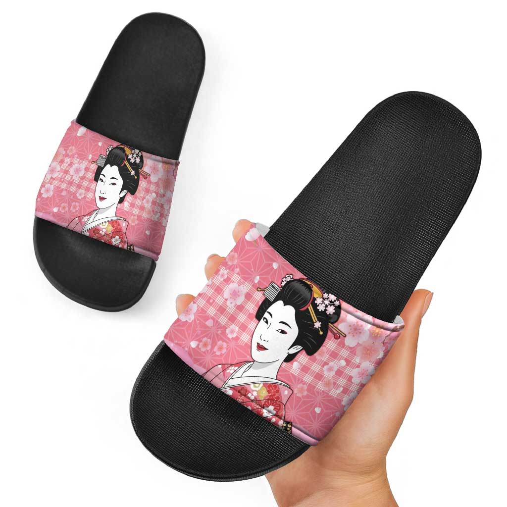 Japanese Geisha Cherry Blossom Slide Sandals Pink Palaka Hawaii Pattern Fusion Design LT19 - Polynesian Pride