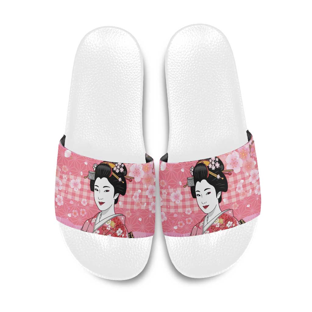 Japanese Geisha Cherry Blossom Slide Sandals Pink Palaka Hawaii Pattern Fusion Design LT19 Pink - Polynesian Pride