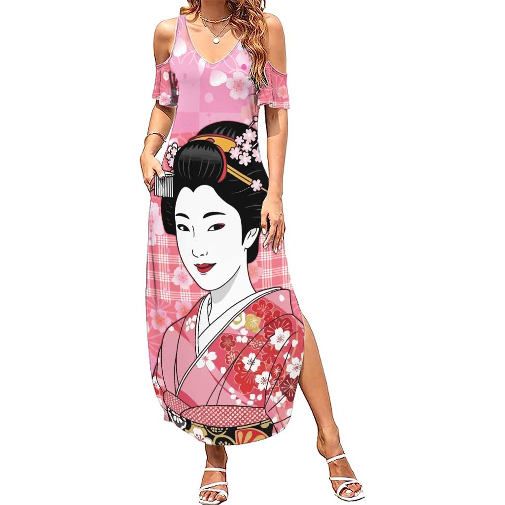 Japanese Geisha Cherry Blossom Summer Maxi Dress Pink Palaka Hawaii Pattern Fusion Design LT19 Women Pink - Polynesian Pride