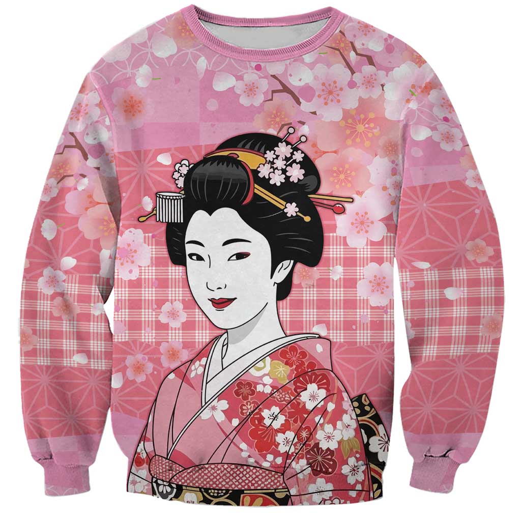 Japanese Geisha Cherry Blossom Sweatshirt Pink Palaka Hawaii Pattern Fusion Design LT19 Unisex Pink - Polynesian Pride