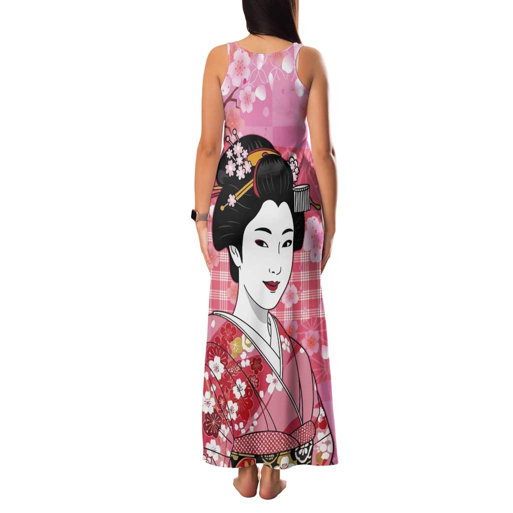 Japanese Geisha Cherry Blossom Tank Maxi Dress Pink Palaka Hawaii Pattern Fusion Design LT19 - Polynesian Pride