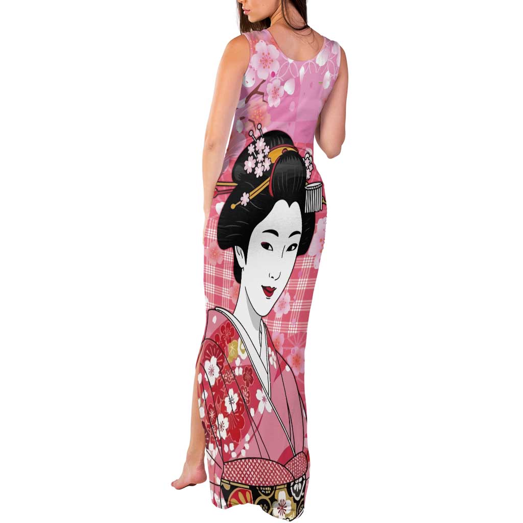 Japanese Geisha Cherry Blossom Tank Maxi Dress Pink Palaka Hawaii Pattern Fusion Design LT19 - Polynesian Pride