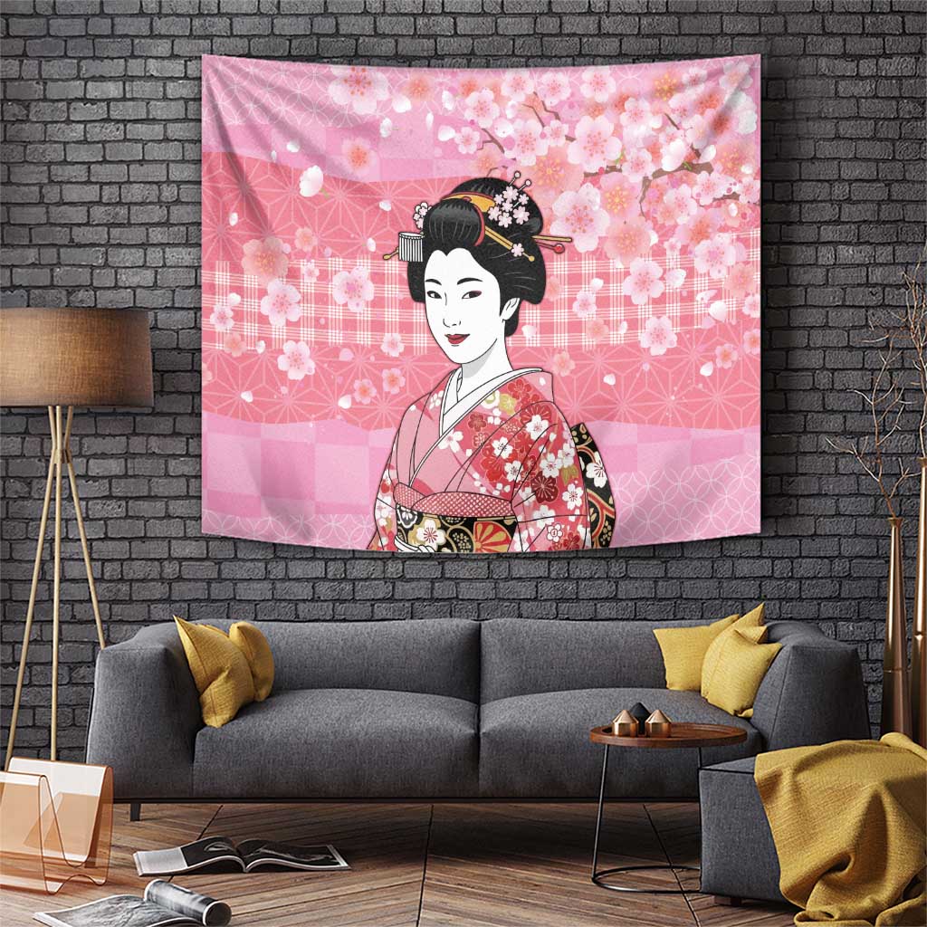 Japanese Geisha Cherry Blossom Tapestry Pink Palaka Hawaii Pattern Fusion Design LT19 Pink - Polynesian Pride