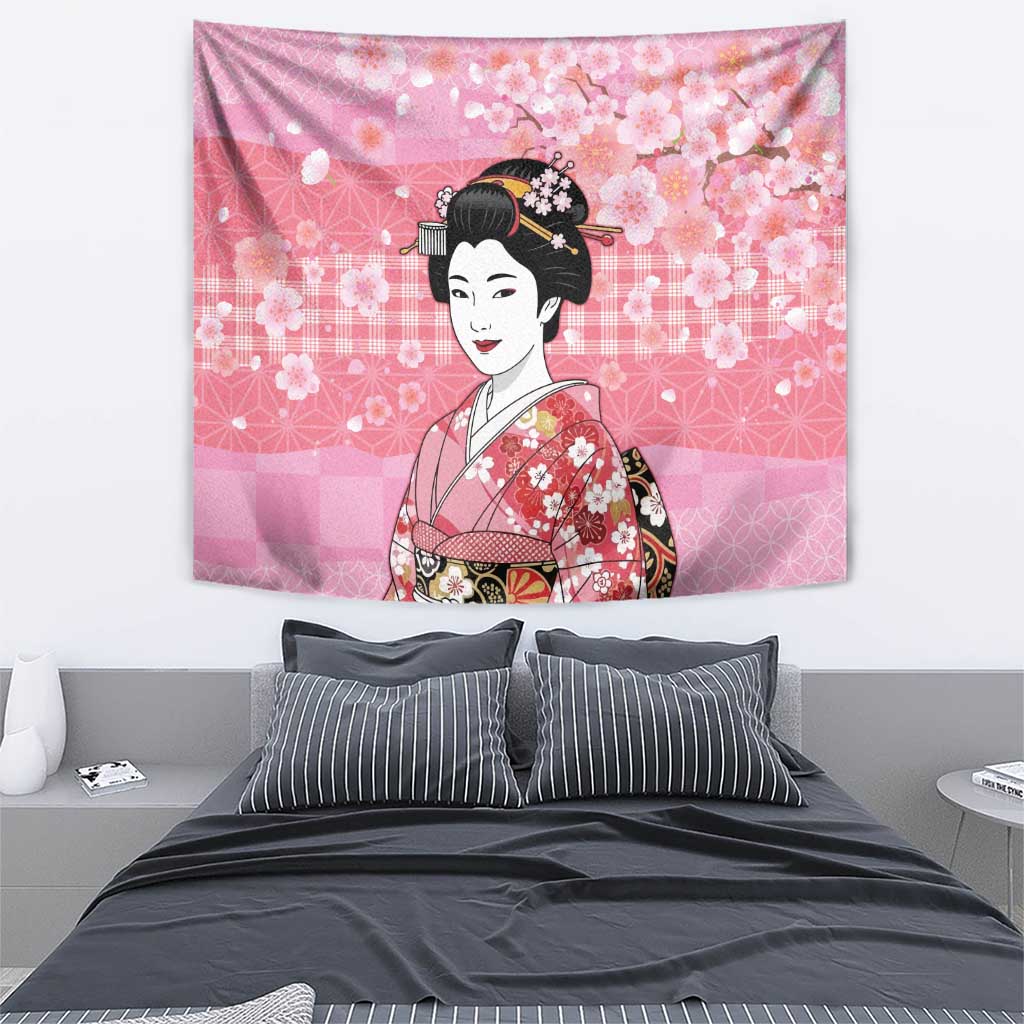 Japanese Geisha Cherry Blossom Tapestry Pink Palaka Hawaii Pattern Fusion Design LT19 - Polynesian Pride