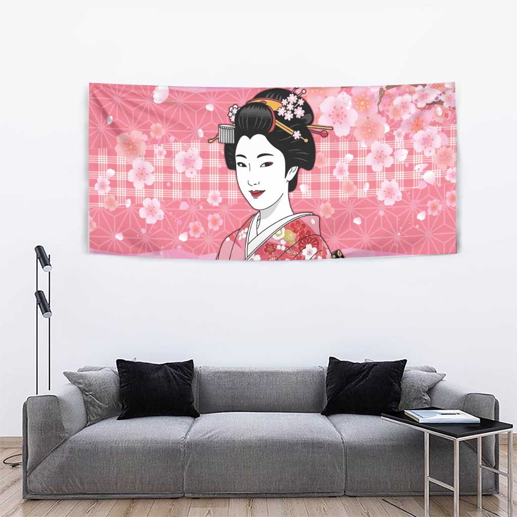 Japanese Geisha Cherry Blossom Tapestry Pink Palaka Hawaii Pattern Fusion Design LT19 - Polynesian Pride