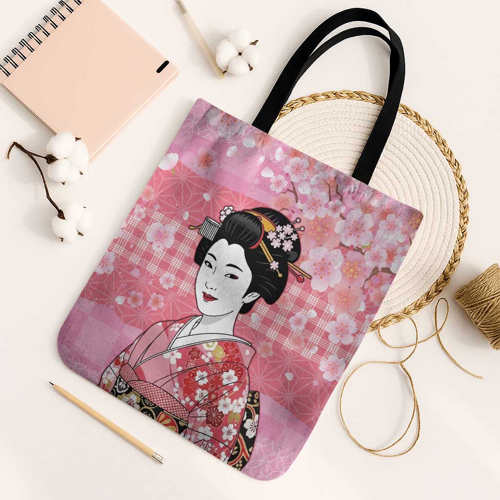 Japanese Geisha Cherry Blossom Tote Bag Pink Palaka Hawaii Pattern Fusion Design LT19 Black Strap One Size Pink - Polynesian Pride