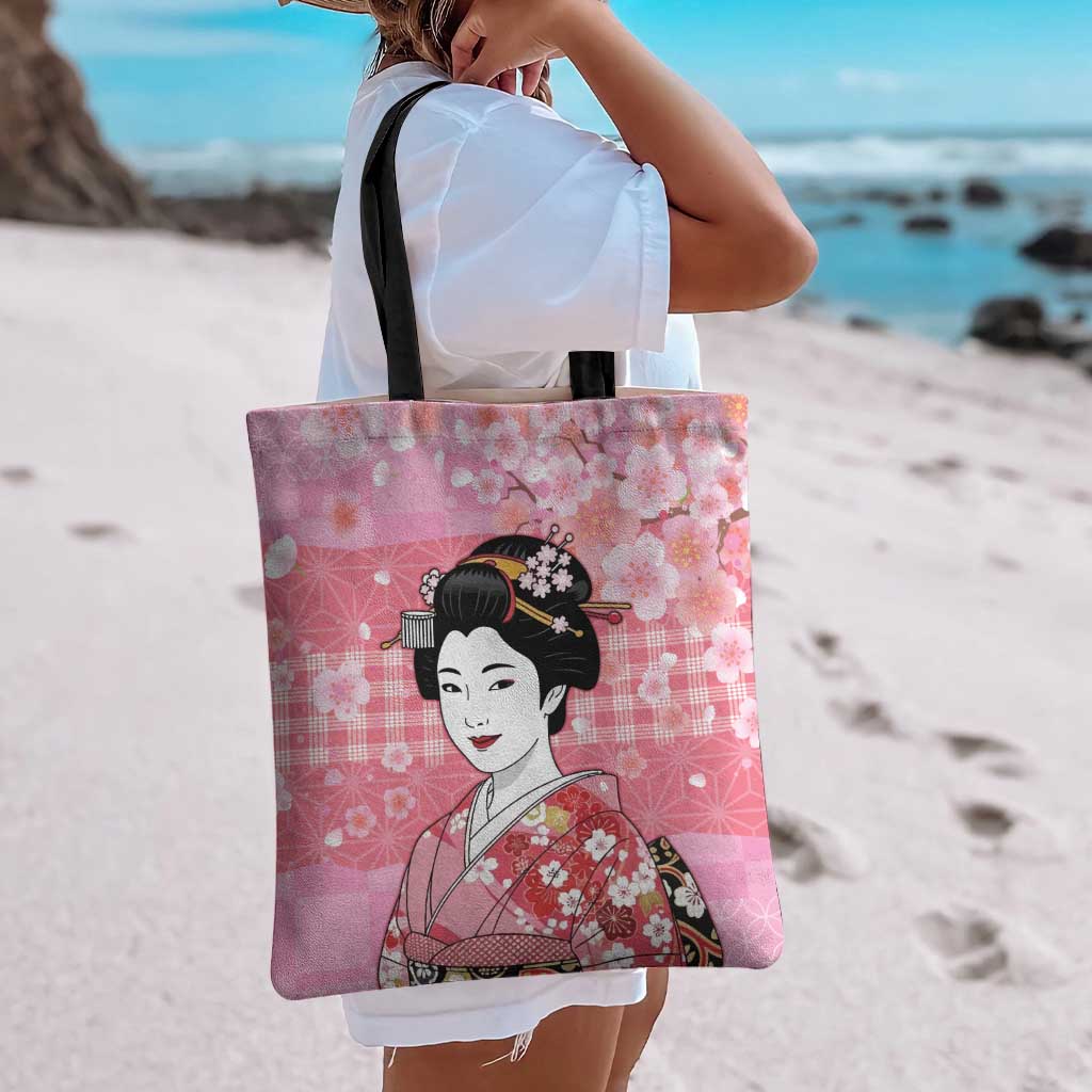 Japanese Geisha Cherry Blossom Tote Bag Pink Palaka Hawaii Pattern Fusion Design LT19 - Polynesian Pride
