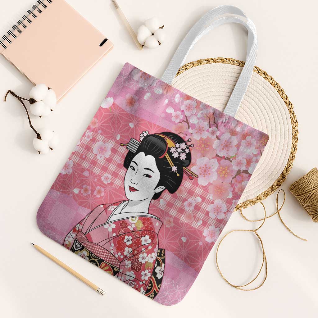 Japanese Geisha Cherry Blossom Tote Bag Pink Palaka Hawaii Pattern Fusion Design LT19 White Strap One Size Pink - Polynesian Pride