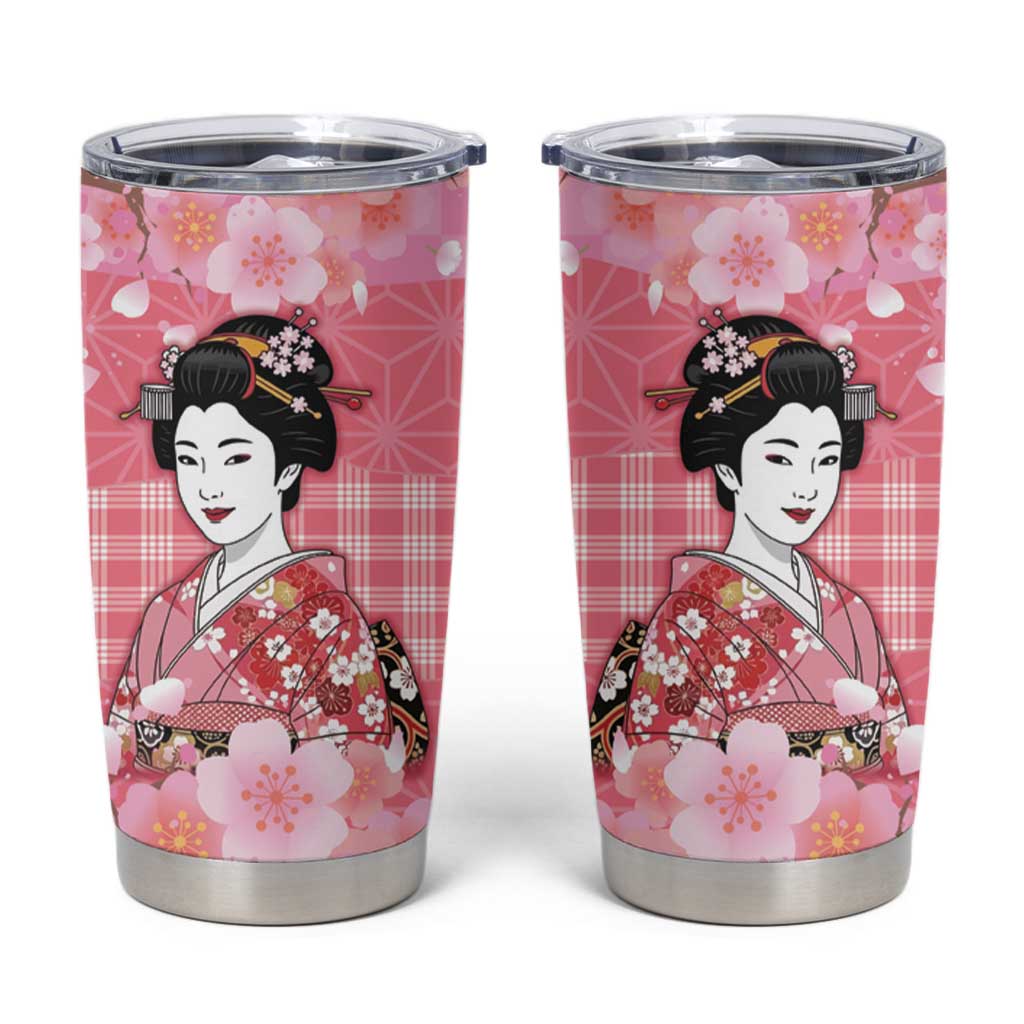 Japanese Geisha Cherry Blossom Tumbler Cup Pink Palaka Hawaii Pattern Fusion Design LT19 Pink - Polynesian Pride