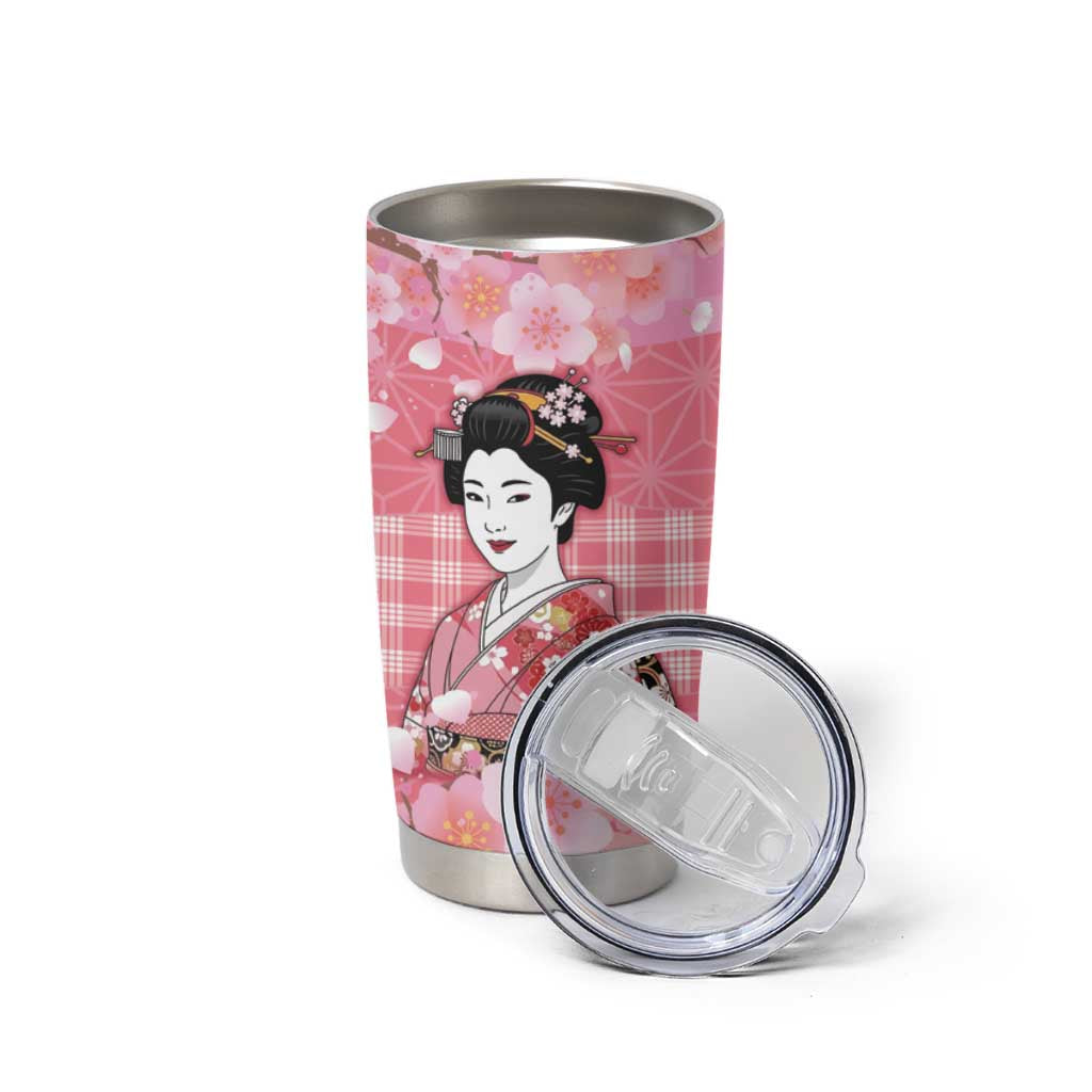 Japanese Geisha Cherry Blossom Tumbler Cup Pink Palaka Hawaii Pattern Fusion Design