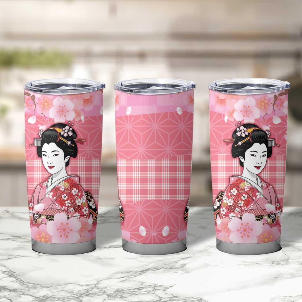 Japanese Geisha Cherry Blossom Tumbler Cup Pink Palaka Hawaii Pattern Fusion Design