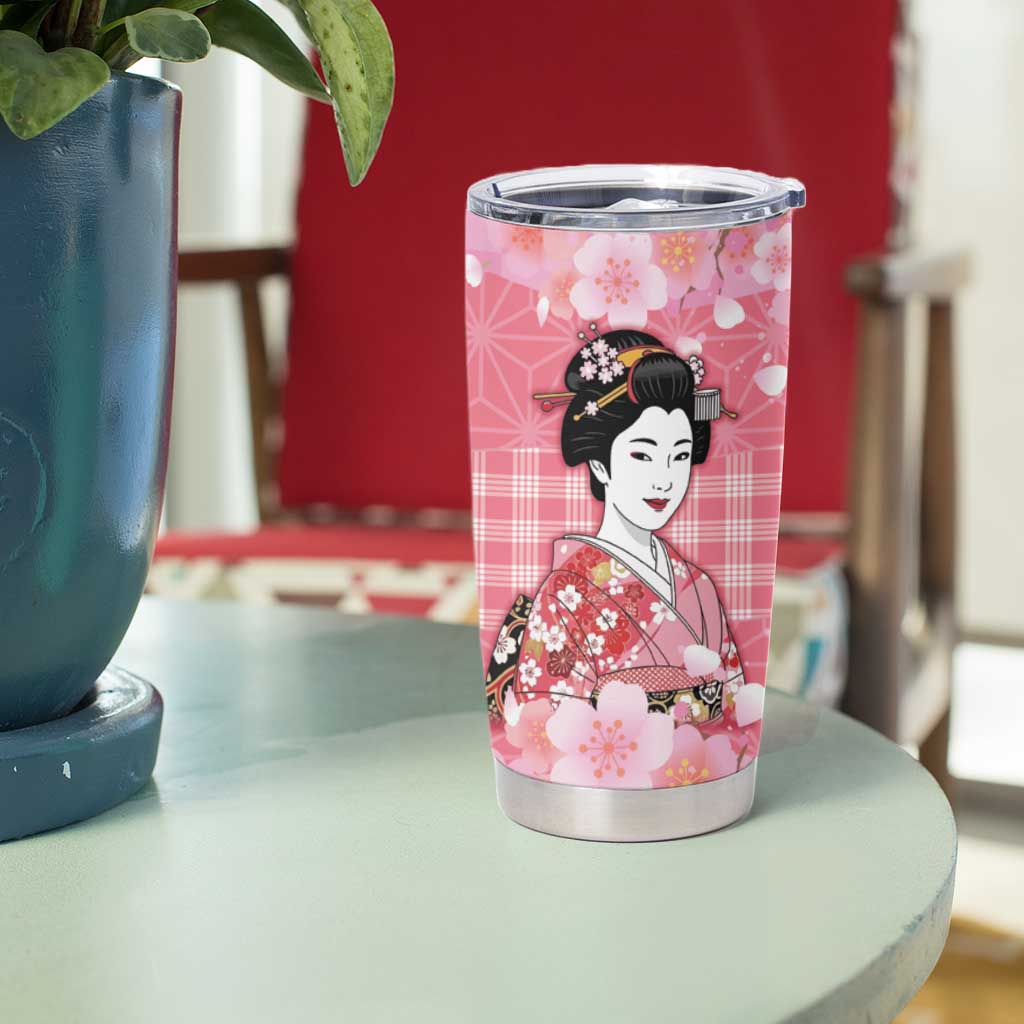Japanese Geisha Cherry Blossom Tumbler Cup Pink Palaka Hawaii Pattern Fusion Design
