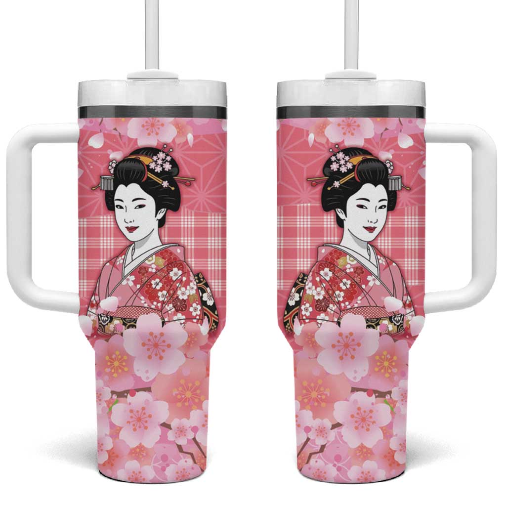 Japanese Geisha Cherry Blossom Tumbler With Handle Pink Palaka Hawaii Pattern Fusion Design LT19 One Size: 40 oz Pink - Polynesian Pride
