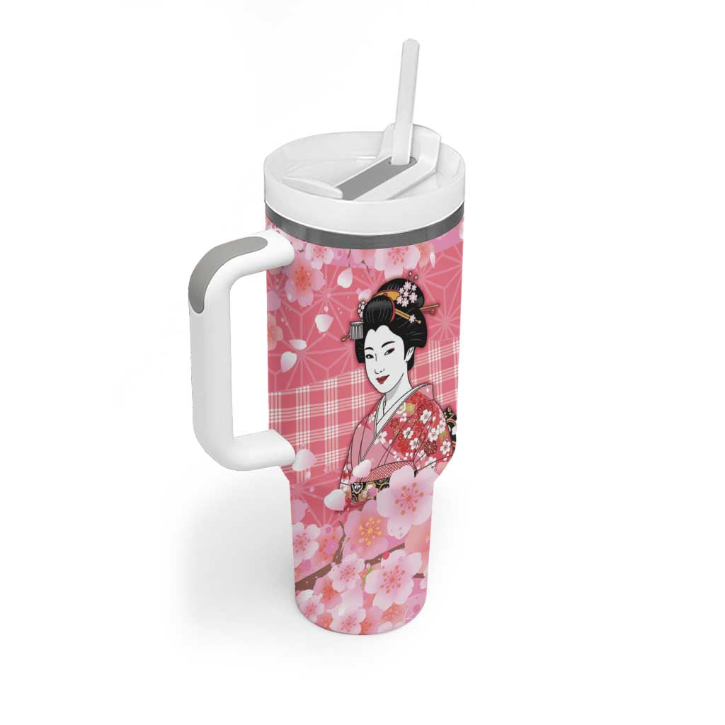 Japanese Geisha Cherry Blossom Tumbler With Handle Pink Palaka Hawaii Pattern Fusion Design LT19 - Polynesian Pride
