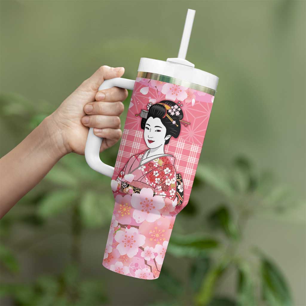 Japanese Geisha Cherry Blossom Tumbler With Handle Pink Palaka Hawaii Pattern Fusion Design LT19 - Polynesian Pride