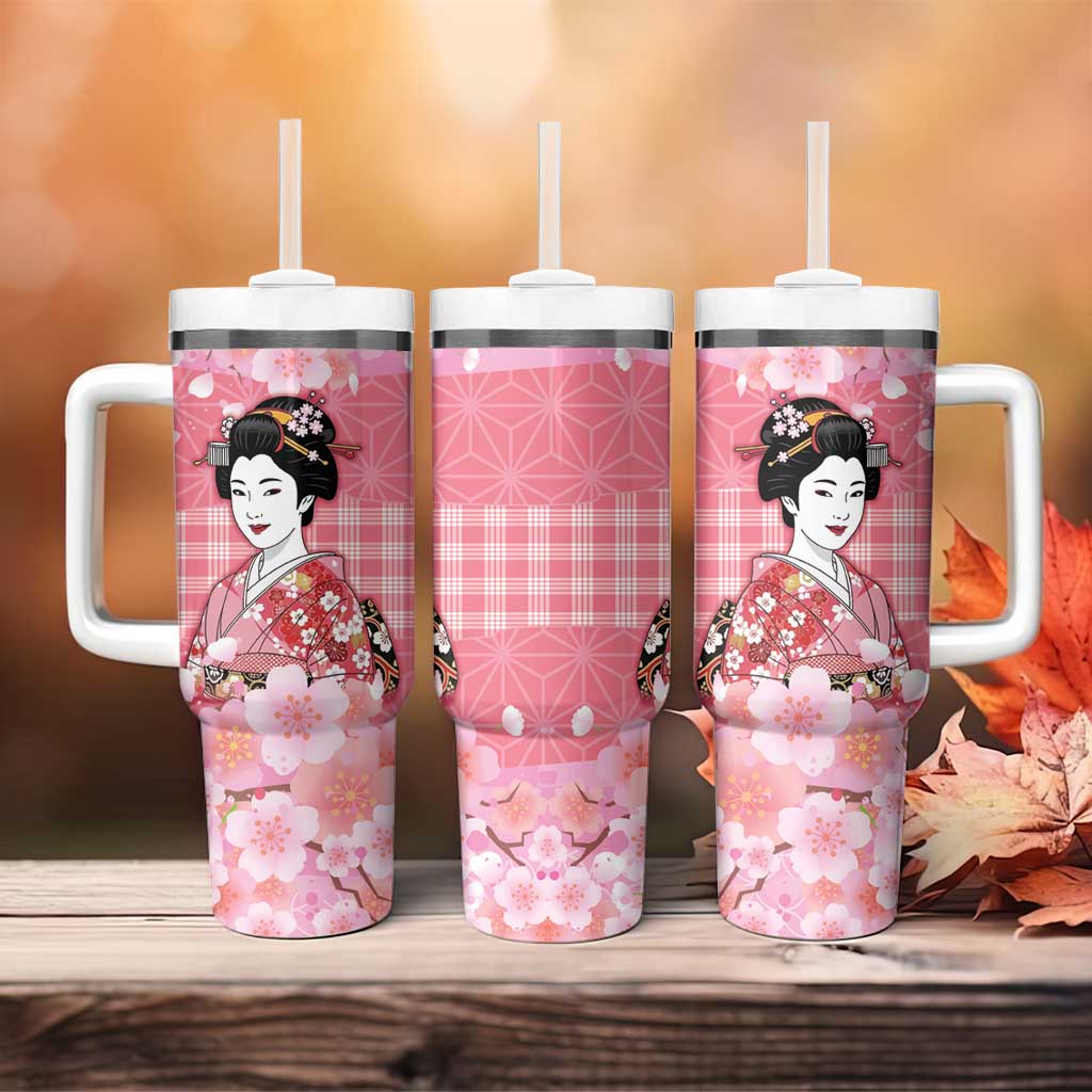 Japanese Geisha Cherry Blossom Tumbler With Handle Pink Palaka Hawaii Pattern Fusion Design LT19 - Polynesian Pride