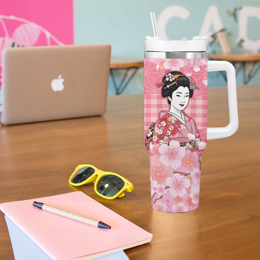 Japanese Geisha Cherry Blossom Tumbler With Handle Pink Palaka Hawaii Pattern Fusion Design LT19 - Polynesian Pride