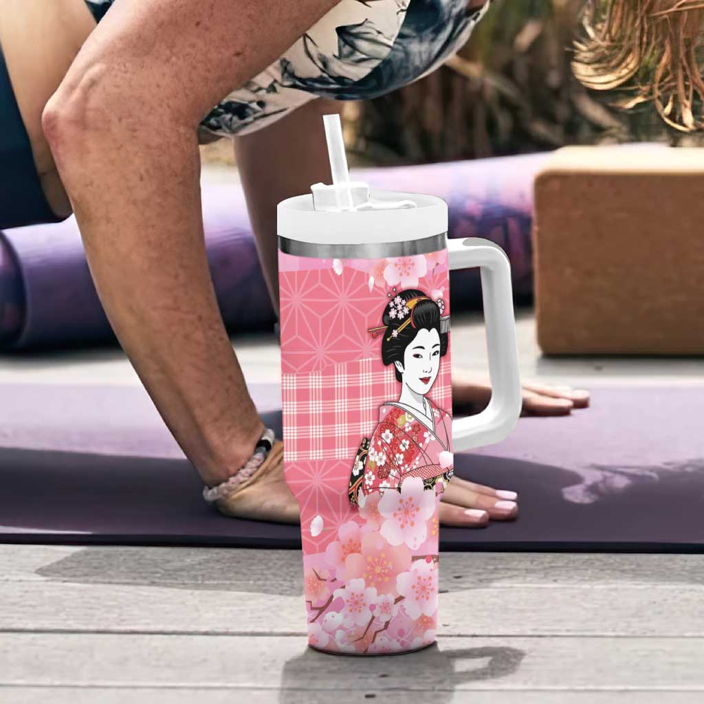 Japanese Geisha Cherry Blossom Tumbler With Handle Pink Palaka Hawaii Pattern Fusion Design LT19 - Polynesian Pride