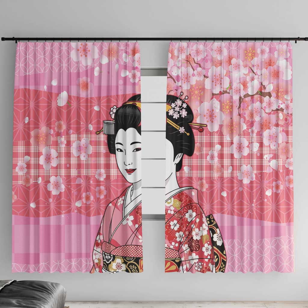 Japanese Geisha Cherry Blossom Window Curtain Pink Palaka Hawaii Pattern Fusion Design LT19 With Hooks Pink - Polynesian Pride