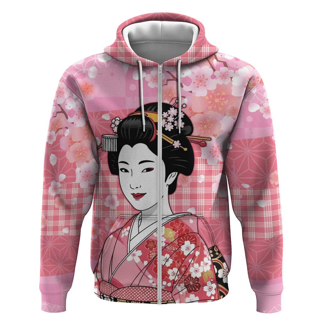 Japanese Geisha Cherry Blossom Zip Hoodie Pink Palaka Hawaii Pattern Fusion Design LT19 Zip Hoodie Pink - Polynesian Pride