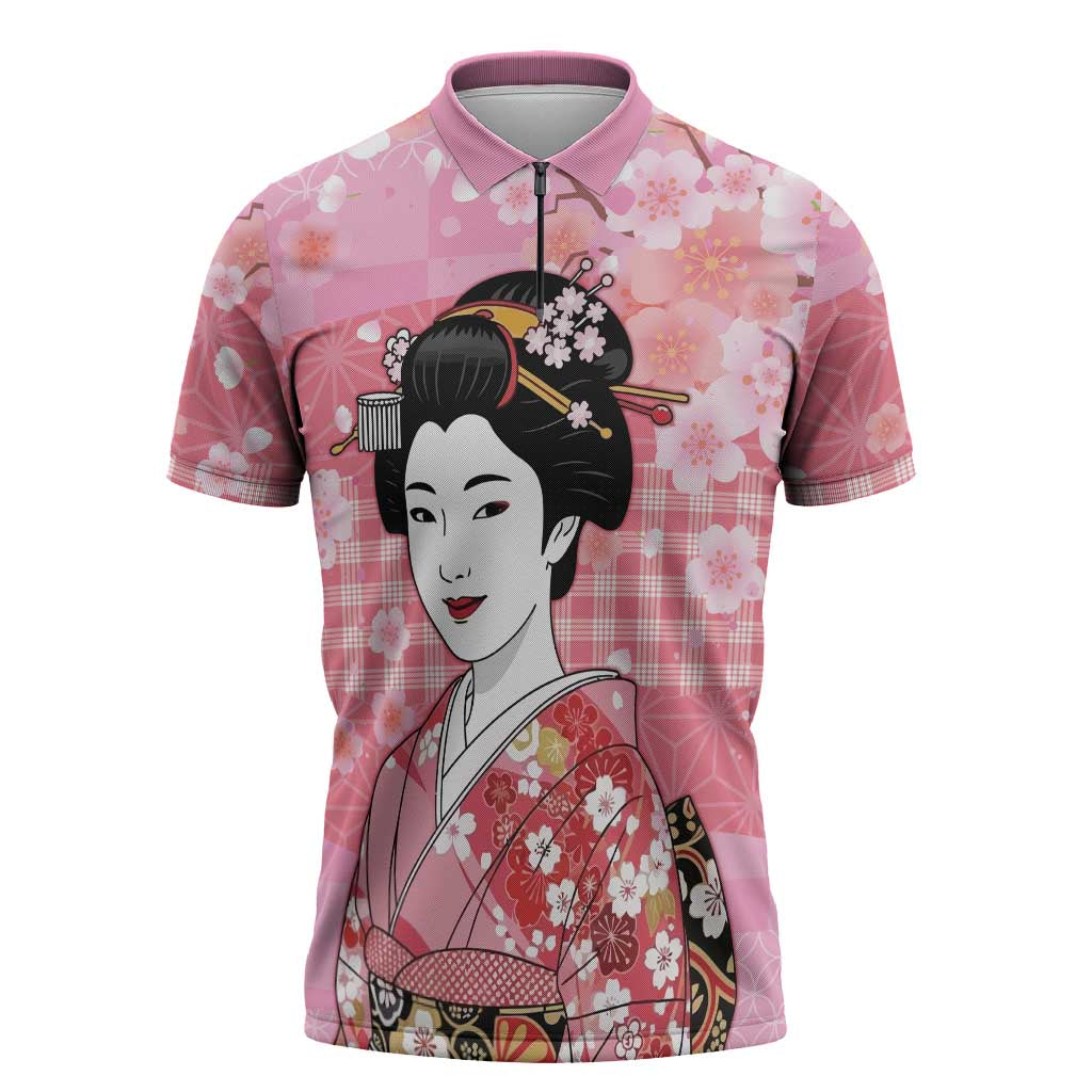 Japanese Geisha Cherry Blossom Zipper Polo Shirt Pink Palaka Hawaii Pattern Fusion Design