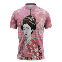 Japanese Geisha Cherry Blossom Zipper Polo Shirt Pink Palaka Hawaii Pattern Fusion Design