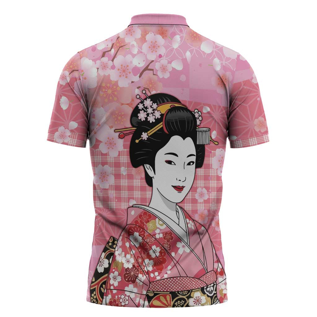 Japanese Geisha Cherry Blossom Zipper Polo Shirt Pink Palaka Hawaii Pattern Fusion Design