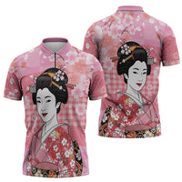 Japanese Geisha Cherry Blossom Zipper Polo Shirt Pink Palaka Hawaii Pattern Fusion Design