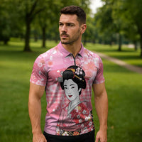 Japanese Geisha Cherry Blossom Zipper Polo Shirt Pink Palaka Hawaii Pattern Fusion Design
