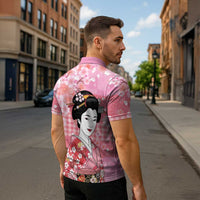 Japanese Geisha Cherry Blossom Zipper Polo Shirt Pink Palaka Hawaii Pattern Fusion Design