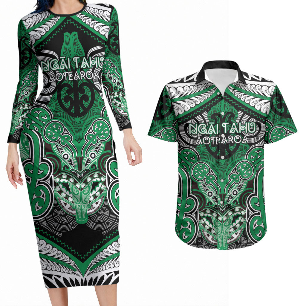 Aotearoa Iwi Ngai Tahu Personalised Couples Matching Long Sleeve Bodycon Dress and Hawaiian Shirt Maori Kowhaiwhai Pattern