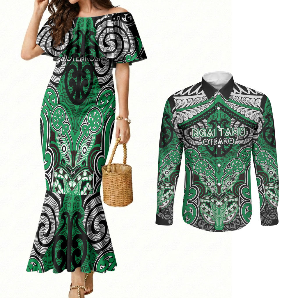 Aotearoa Iwi Ngai Tahu Personalised Couples Matching Mermaid Dress and Long Sleeve Button Shirt Maori Kowhaiwhai Pattern