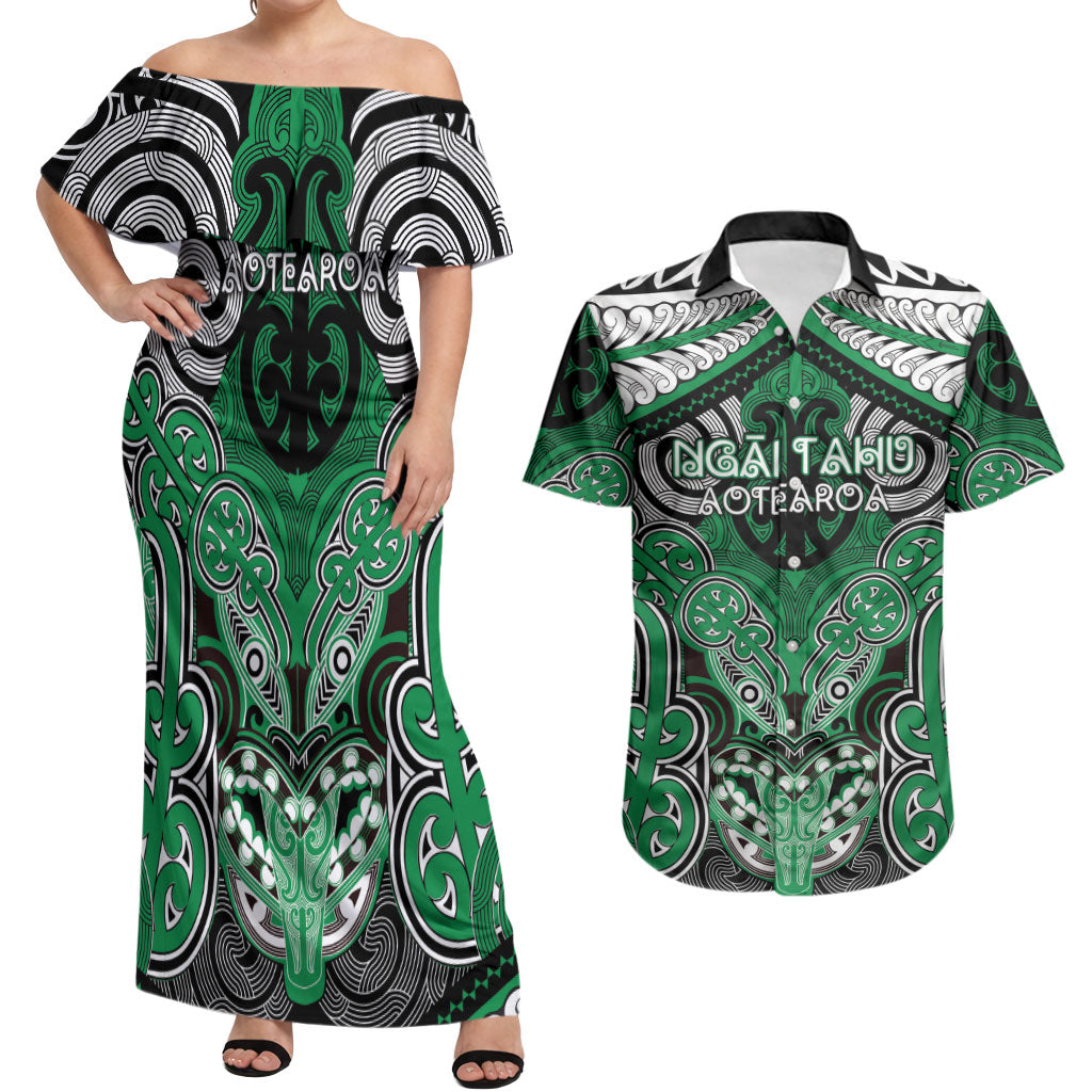 Aotearoa Iwi Ngai Tahu Personalised Couples Matching Off Shoulder Maxi Dress and Hawaiian Shirt Maori Kowhaiwhai Pattern