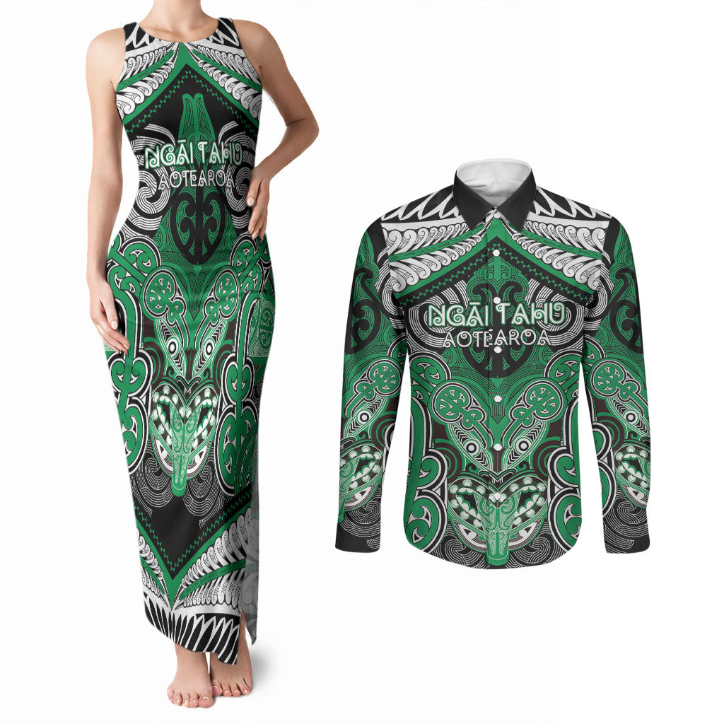 Aotearoa Iwi Ngai Tahu Personalised Couples Matching Tank Maxi Dress and Long Sleeve Button Shirt Maori Kowhaiwhai Pattern